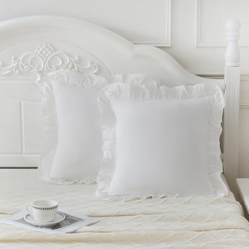 White Pillowcases 18x18, Throw Pillow Covers Pack of 2, Ruffle Pillowcase Cushion for Couch Sofa Bedroom