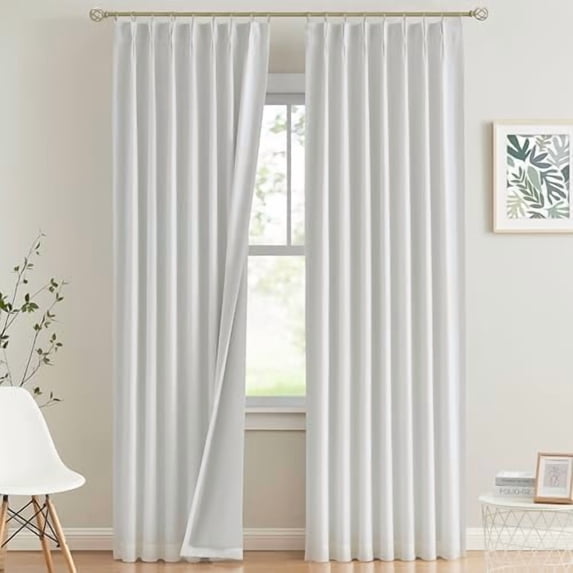 White Pinch Pleated Full Blackout Curtains Thermal Insulated Window Curtains 90 inch for Living Room Bedroom Room Darkening Pinch Pleat Drapes with Hooks Back Tab 2 Panel 40" Wx90 L