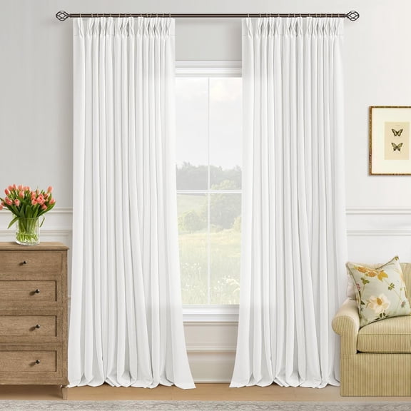 Off White Pinch Pleated Semi Sheer Linen Curtains 100 Inch Length | Light Filtering, Privacy, Living Room, Bedroom, Burlap Textured, Memory Shape, Hook Rings, Boho, Modern, 100 Inch Long, Ivory