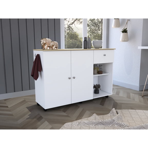 White / Pine Kitchen Island Cart With 6 , 1 Drawer, Double Door Cabinet & 2 Shelf Areas Elegant - White/pine, Cabinet, Outer 4 Inner Shelves