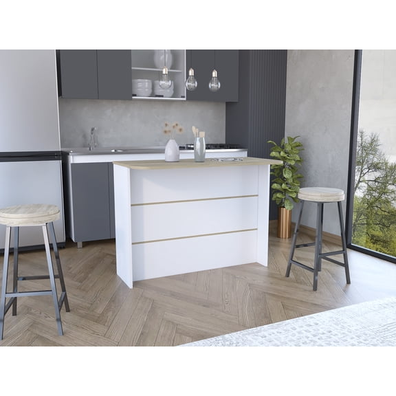 White Pine Kitchen Island - Natural Wood & Bright White Finish, Two-Tier Storage Shelf for Kitchen Organization