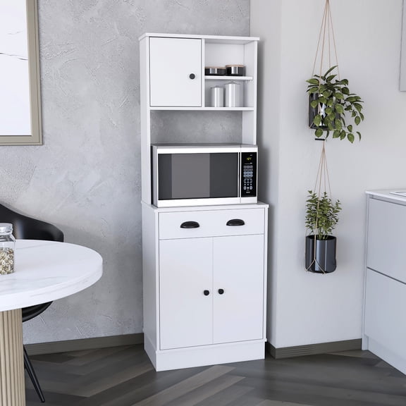 White Pine Kitchen Pantry with Drawer and 3-Doors / Keep Larger Appliances in Lower Double-Door Compartment