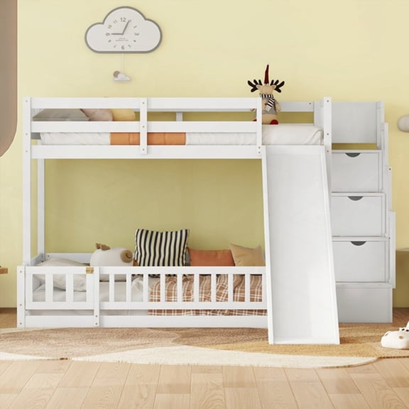 White Pine Twin Over Full Bunk Bed Having a Slide, Storage Staircase and Safety Guardrails
