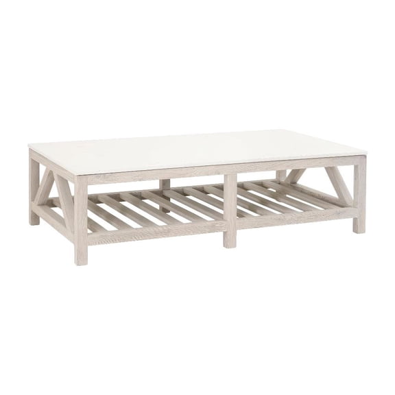 White Pine Wood Coffee Table with Quartz Top and Storage Shelf