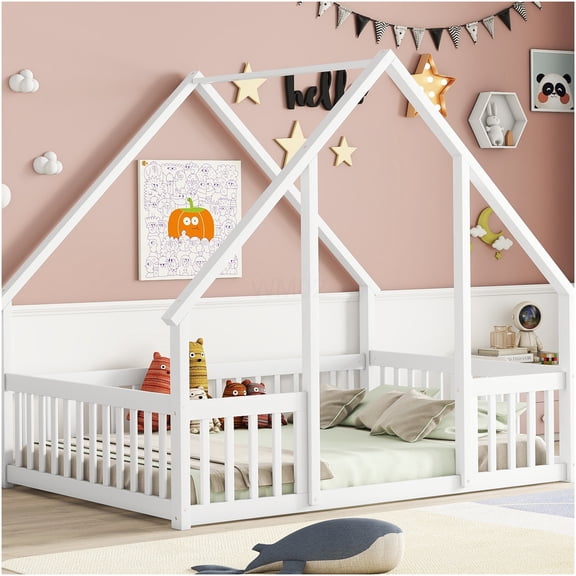 White Pine Wood Full Size House Frame Floor Bed with Safety Guardrails, Minimalist Low Profile Platform Bed for Modern Bedrooms