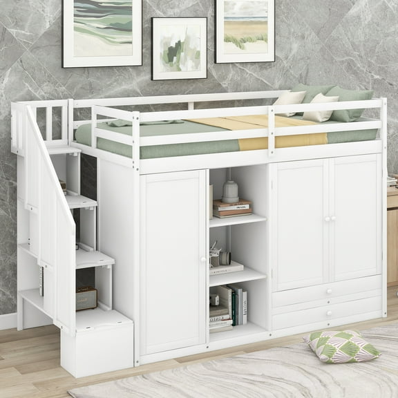 White Pine Wood Loft Bed with 2 Wardrobes, 3 Shelves, 2 Drawers & Storage Ladder for Small Rooms, Twin Size, No Box Spring Needed, Modern Rustic Style, 93.3" L