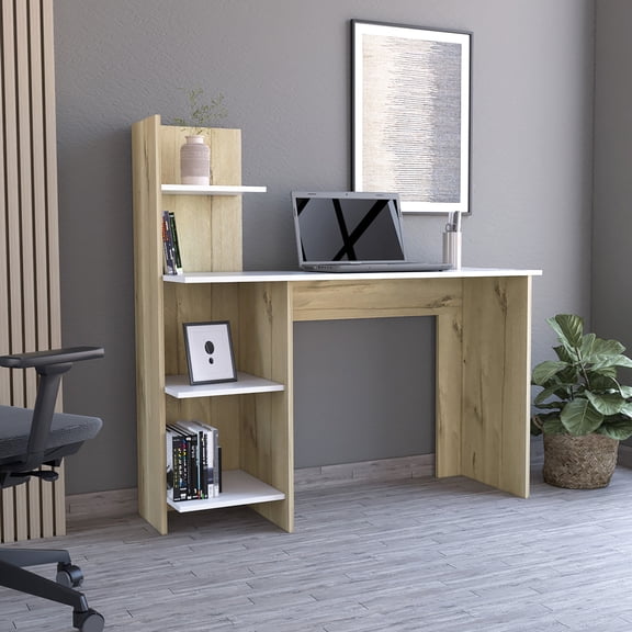 White / Pine Writing Desk With Four Shelves, Modern Office Color Options, 47" W X 17.7" D Surface For Monitors And Laptops Shelves - Pine, Matched Size Laptops, Top