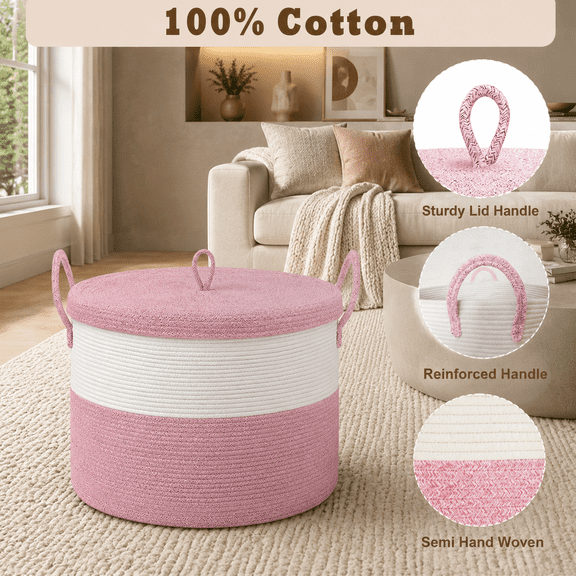 White & Pink 14.21 x 11.57 x 5.75 in Extra Large Decorative Cotton Rope Storage Basket with Lid