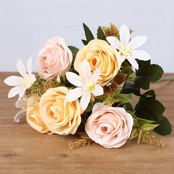 Off - White And Pink Artificial Camellia Bouquet, 1 - Pack, Realistic Fake Camellia Floral Arrangement For Home Decor, Table Centerpieces, Wedding Diy Crafts