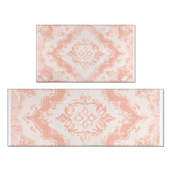 White and Pink Bohemian Styled Pattern Anti-Slip Kitchen Floor Mat, 30x17in+47x17in Runner Rug with Dot Backing for Sink, Stove, Laundry Room & Entryway