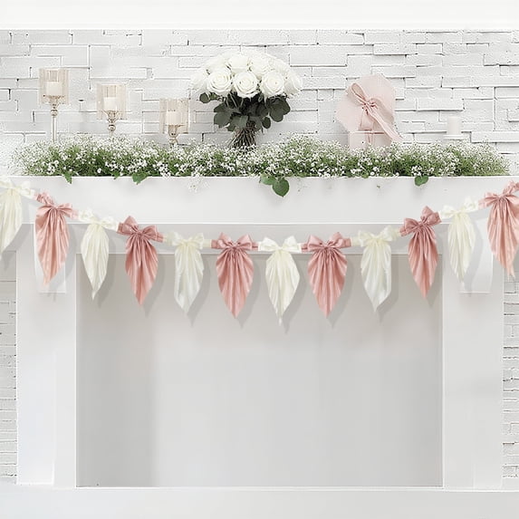 White Pink Bow Garlands Banner Satin Ribbon Bow Decor for Girls Room Hanging Bow Garlands for Birthday Baby Shower Party Bridal Shower