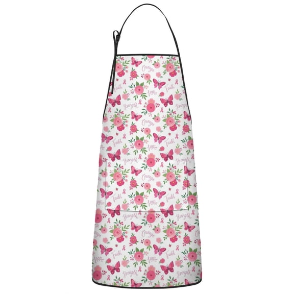 White Pink Butterfly Flower Pattern Apron-Garden Aprons for Women with Pockets-Cotton Linen Waterproof Kitchen Cooking Gardening Aprons Adjustable for Kitchen,Cooking,BBQ and Salon 33x27 Inch