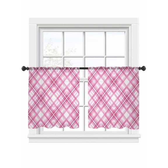 White Pink Check Sheer Curtains 2 Panels Set Modern Pink Theme Simple Sheer Window Curtains Light Filtering Rod Pocket Voile Drapes for Bedroom Living Room 52"x54"