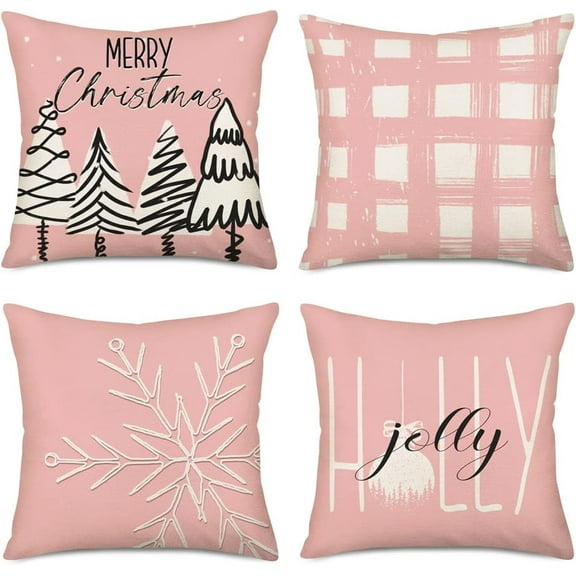 White and Pink Christmas Throw Pillow Cover Winter Buffalo Checked Xmas Trees Decorative Outdoor Farmhouse Pillow Case Merry Christmas Snowflake Cushion Cover 18x18 Inch