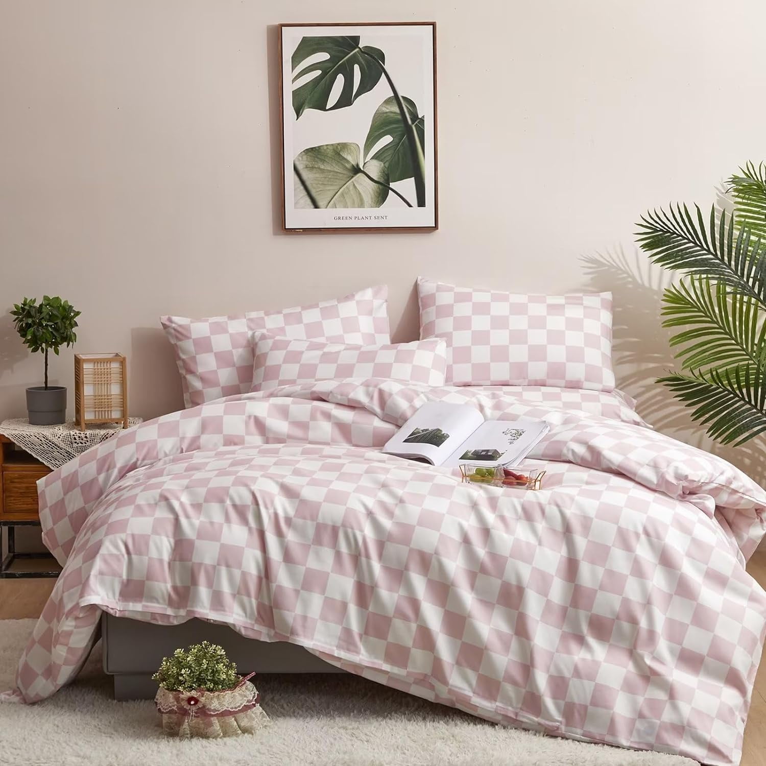 White and Pink Comforter Set Queen Plaid Baby Pink Checkerboard