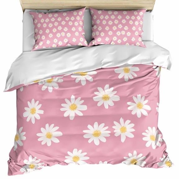 White Pink Daisy Bedding 3 Piece Duvet Cover Set Twin Size, Spring Summer Floral Farmhouse Soft Microfiber Comforter Cover with Zipper Closure & Pillowcases, Wrinkle & FadeResistant Quilt Cover