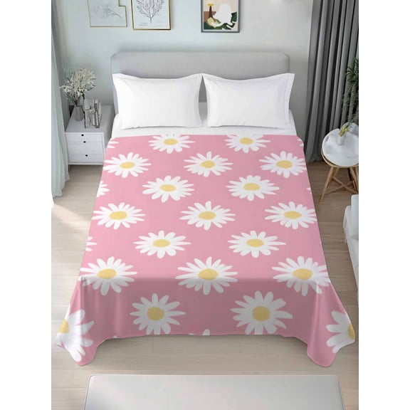 White Pink Daisy California King Size Flat Sheet, Wrinkleproof & Fadeproof Cooling Flat Bed Sheet Only, Spring Summer Floral Botanical Breathable Soft Bedding Top Sheets 108 x 98 Inches