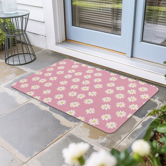 White Pink Daisy Door Mat Indoor Outdoor, Spring Summer Floral Farmhouse Non Slip Welcome Mat with Rubber Backing, Absorbent Fabric Front Door Mats Entryway Rug for Home Patio Entrance 24"x36"