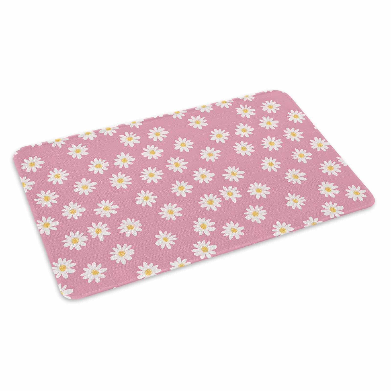 White Pink Daisy Doormat Outdoor Entrance 18"x30", Spring Summer Floral Farmhouse Absorb Moisture Dirt Door Mats, Non-Slip Rubber Backing Floor Mats Indoor, Low-Profile Front Door Rugs