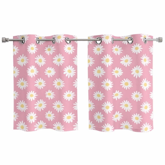 White Pink Daisy Kitchen Curtains Small Short 39 Inch Length, Spring Summer Floral Botanical Grommet Top Bedroom Living Room Curtains, Light Filtering Cafe Curtain Drapes 2 Panels Set 55''x39''