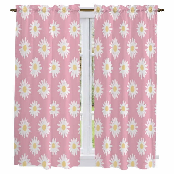 White Pink Daisy Kitchen Curtains, Spring Summer Floral Botanical Light Filtering Window Curtain Panels, 2Pcs Rod Pocket Window Treatments Set for Living Room Bathroom Bedroom 42x63 Inches