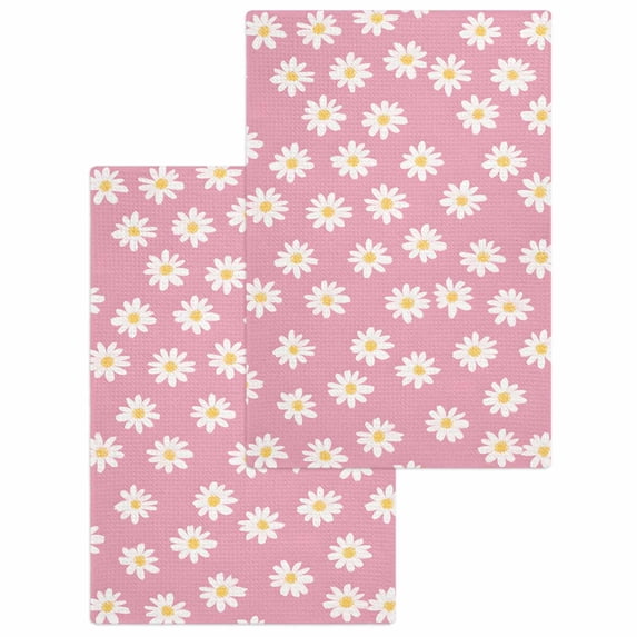 White Pink Daisy Kitchen Dish Towels for Drying Dishes Set of 2, Spring Summer Floral Farmhouse Waffle Weave Microfiber Hand Tea Bathroom Towels Quick Dry & Absorbent Towel 15.7x23.6