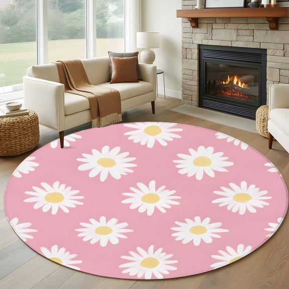 White Pink Daisy Large Round Rug 8 FT, Non Slip Living Room Area Carpet, Spring Summer Floral Botanical Washable Soft Circle Rug Non-Shedding Floor Carpet for Bedroom Office Dining Room