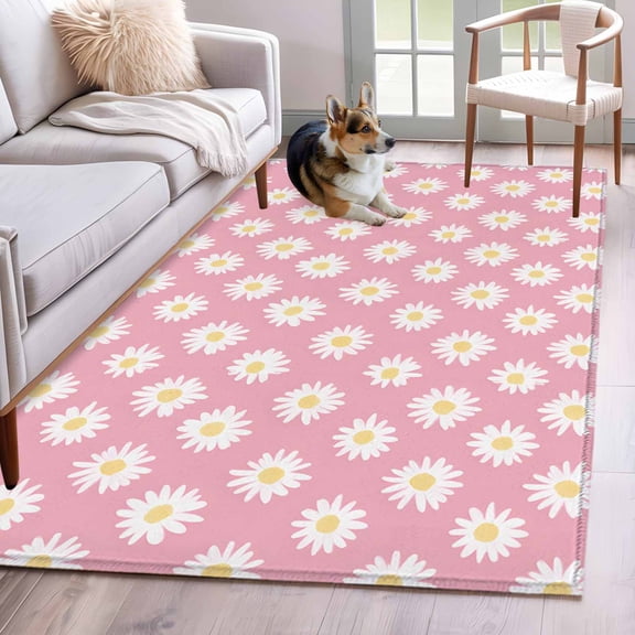 White Pink Daisy Runner Rug 2.7x5 FT, Non Slip Entryway Carpet, Spring Summer Floral Botanical Washable Soft Floor Carpet Entrance Mat Non-Shedding Throw Rug for Hallway Laundry Room Bedside