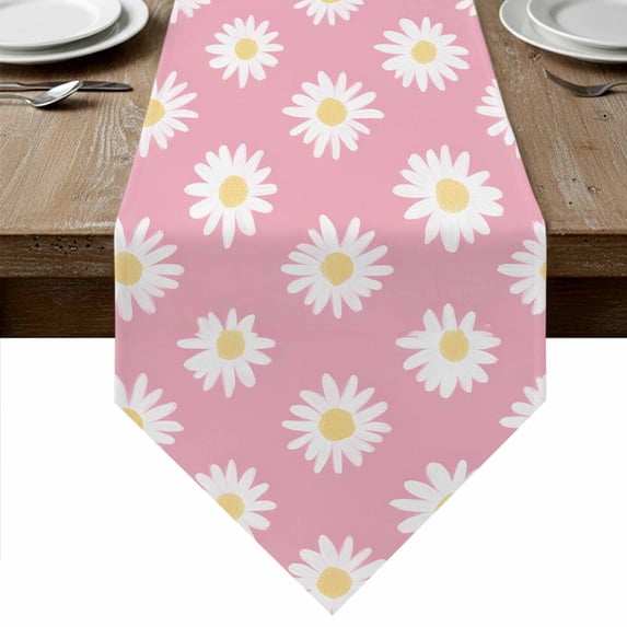 White Pink Daisy Table Runner Linen Burlap Table Runner 72 Inches Long Spring Summer Floral Botanical Dresser Scarves for Kitchen Island Coffee Dining Room Party Wedding Banquet Holiday Decor 14"x72"