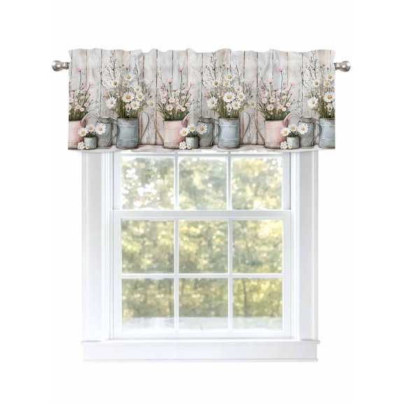White Pink Floral Curtain Valances for Windows, Garden Floral Wildflower Wood Grain Kitchen Valance Window Treatment, Light Filtering Block Curtains for Bathroom/Bedroom/Living Room 54'' x 18''