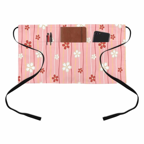 White Pink Floral Half Waist Apron Japanese Style Petals Dark Lines Pink Short Waiter Aprons with 3 Pockets for Women Men Kitchen Restaurant Cooking