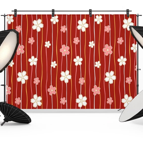 White Pink Floral Photography Backdrop 7x5FT, Japanese Style Petals Dark Lines Red Photo Backdrops, Background for Photography Studio Photo Studio Background, Back Drop for Photoshoot