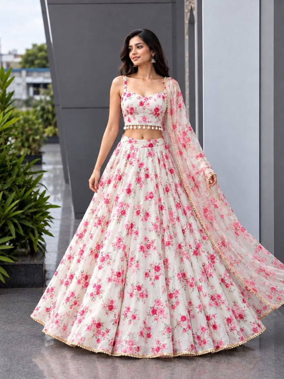 White Pink Floral Print Lehenga Choli for Women, Jimmy Organza Silk Ready to Wear Lehenga Set with Stitched Padded Blouse (Size 38) & Dupatta, Haldi Mehendi Party Wear