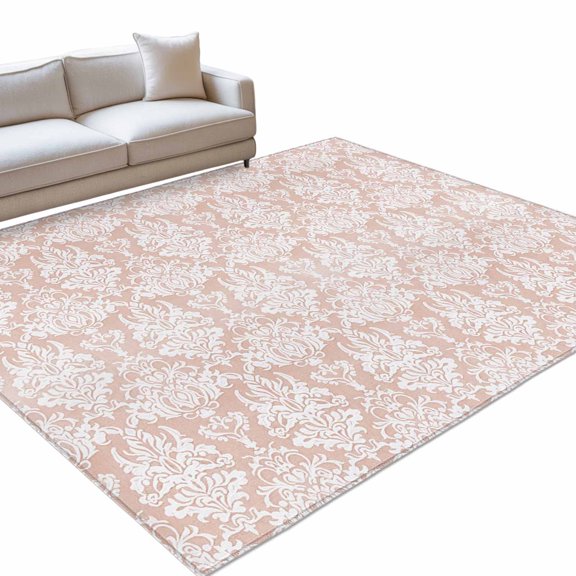 White Pink Flower Area Rug, Ethnic Middle East Non-Slip Felt Rubber Backing Rectangle Indoor Carpet Washable Rugs for Living Room Bedroom 4x6ft