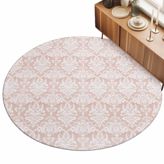 White Pink Flower Area Rug, Ethnic Middle East Non-Slip Felt Rubber Backing Round Indoor Carpet Washable Rugs for Living Room Bedroom 3ft