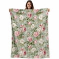 thumbnail image 1 of White Pink Flower Blanket Soft Cozy Warm Throw Blanket for Couch, Plush Fuzzy Flannel Fleece Blankets for Sofa, Shabby Chic Spring Vintage Leaf Green Bed Blankets Lightweight Gifts for Women, 50"x60", 1 of 9
