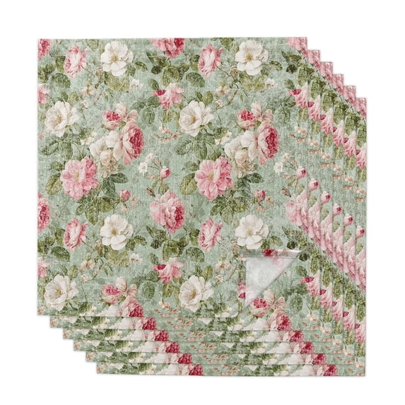 White Pink Flower Cloth Napkins, Shabby Chic Spring Vintage Leaf Green Washable and Reusable Dinner Napkins Set of 6, Table Napkin for Kitchen Party Birthday Wedding Hotel Housewarming 20"x20"
