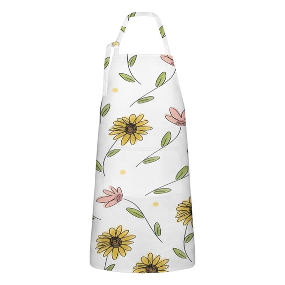 White Pink Flower Green Leaf Pattern Apron-Garden Aprons for Women with Pockets-Cotton Linen Waterproof Kitchen Cooking Gardening Aprons Adjustable for Kitchen,Cooking,BBQ and Salon 33x27 Inch