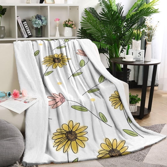 White Pink Flower Green Leaf Pattern Blanket,Comfortable Soft Lamb Wool Throw Blanket,All Season,Warm Lightweight Blankets for Sofa Bed Couch Living Room Chair,40"x50"
