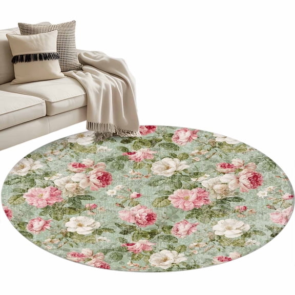 White Pink Flower Large Area Rugs for Bedroom Living Room, Soft Non Slip Carpet Bedside Rug, Shabby Chic Spring Vintage Leaf Green Round Floor Cover Kitchen Accent Rug 4' for Dining Room/Office
