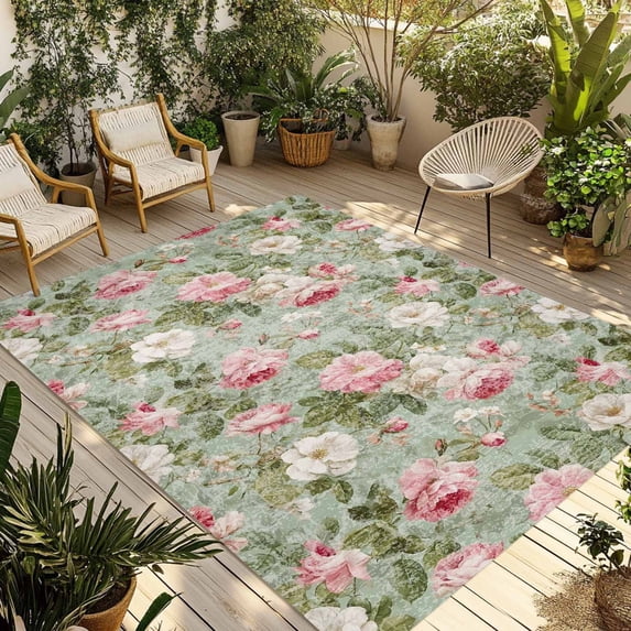 White Pink Flower Outdoor Rug for Patio/Deck/Porch, Non-Slip Large Area Rug 4 x 6 Ft, Shabby Chic Spring Vintage Leaf Green Indoor Outdoor Rugs Washable Area Rugs, Camping Rug Carpet Runner