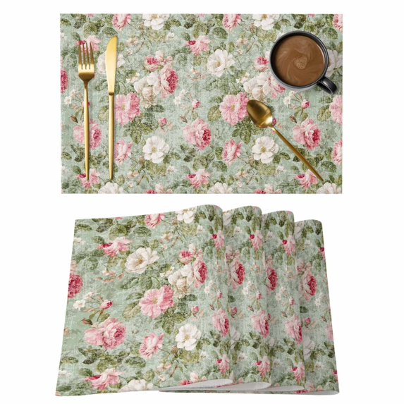 White Pink Flower Placemats Set of 6, Shabby Chic Spring Vintage Leaf Green Placemats for Dining Table, Place Mats for Kitchen Tabletop, Waterproof Wipeable Dining Table Mats Set