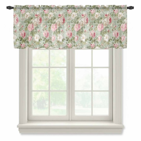 White Pink Flower Sheer Curtains Valances for Windows Shabby Chic Spring Vintage Leaf Green Chiffon Kitchen Valances for Cafe, Voile Window Treatments Curtains for Living Room Bedroom, 54"x18"