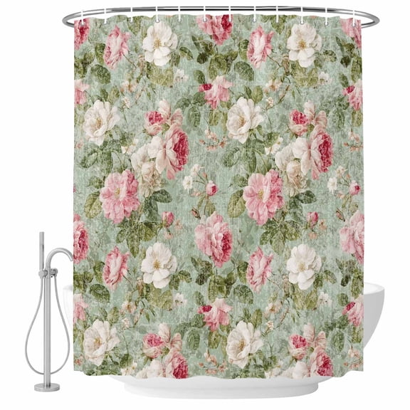 White Pink Flower Shower Curtain Set - Extra Long 72" x 96" Washable Bathtub Curtain with 12 Hooks, Shabby Chic Spring Vintage Leaf Green Waterproof Fabric Shower Curtains for Bathroom/Bathtub Décor