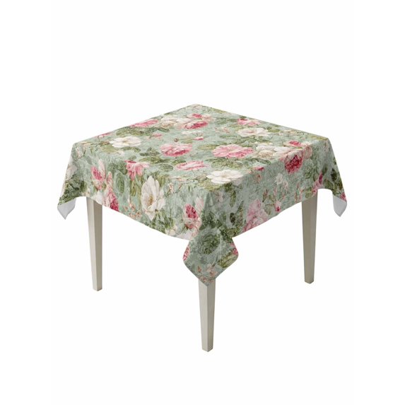 White Pink Flower Table Cloth, Waterproof Tablecloth for Square Tables, Shabby Chic Spring Vintage Leaf Green Reusable Washable Fabric Table Cover for Restaurant Kitchen Dining Tables 54"x54"