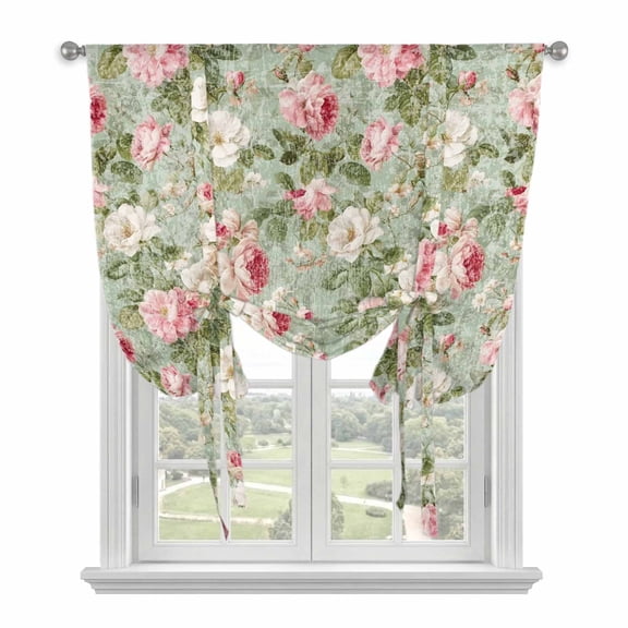 White Pink Flower Tie Up Curtains 45 Inches Long, Kitchen Window Curtains Over Sink, Shabby Chic Spring Vintage Leaf Green Small Window Curtains Shade Balloon Curtains Valances for Bedroom 34"x45"