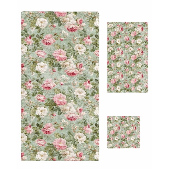 White Pink Flower Towel Set of 3, Soft Microfiber Bath Towels, Hand Towel, Washcloths, Shabby Chic Spring Vintage Leaf Green Quick-Dry Absorbent Towels for Bathroom Kitchen Hotel Beach Gym Spa