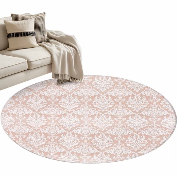 White Pink Flower Washable Round Area Rug 3 ft, Ethnic Middle East , Soft Non Slip Rugs Stain Repellent Indoor Felt Carpet for Living Dining Room Bedroom Home Office
