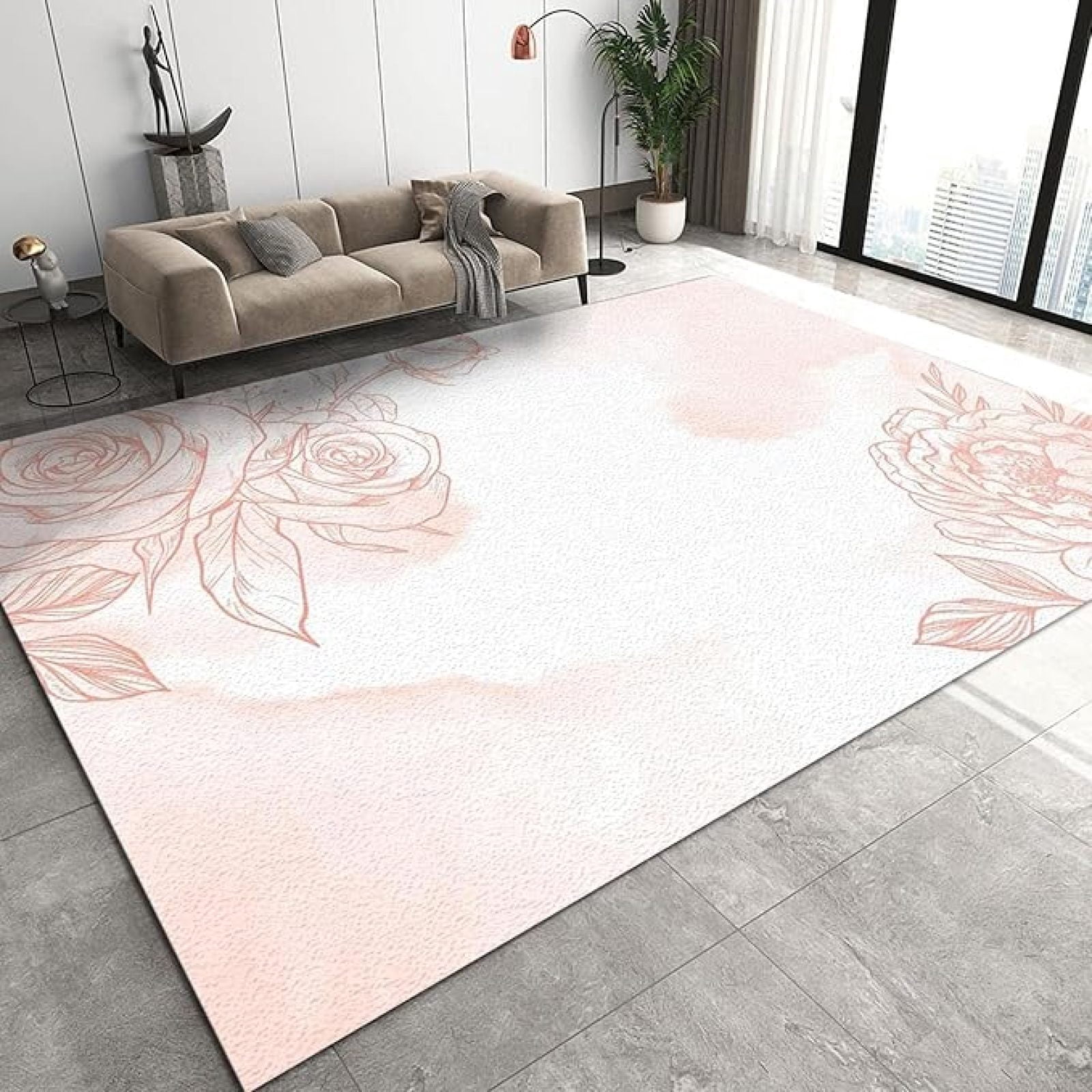 White Rug Line White Pink Flowers Area Rugs, Line Art Flowers Easy Clean Rug, Soft Non ...