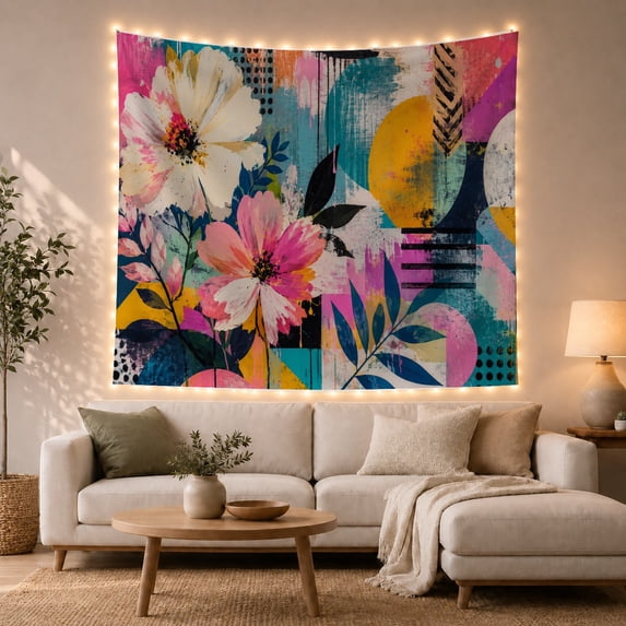 White and Pink Flowers in Textured Abstract Blocks, Energetic Psychedelic for Modern Art Lovers, Mixed Media Wall Art, Birthday Gift, Tapestry Wall Hanging for Living Room and Dorm